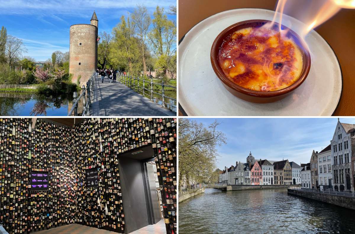 Collage of Minnewater Park, flaming dessert, beer wall, and Bruges canal houses, photo by Next Level of Travel