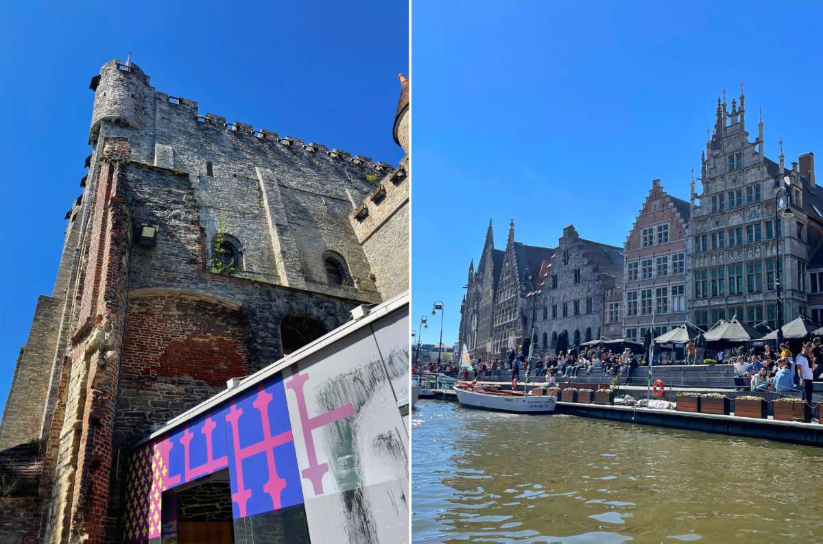 Gravensteen Castle and the lively Graslei quay area along the Leie River in Ghent, Belgium, with historic gabled buildings and a waterfront cafe, photo by Next Level of Travel