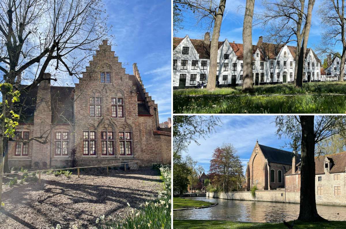 Historic buildings and whitewashed houses of the Bruges Beguinage surrounded by trees and a peaceful canal, photo by Next Level of Travel