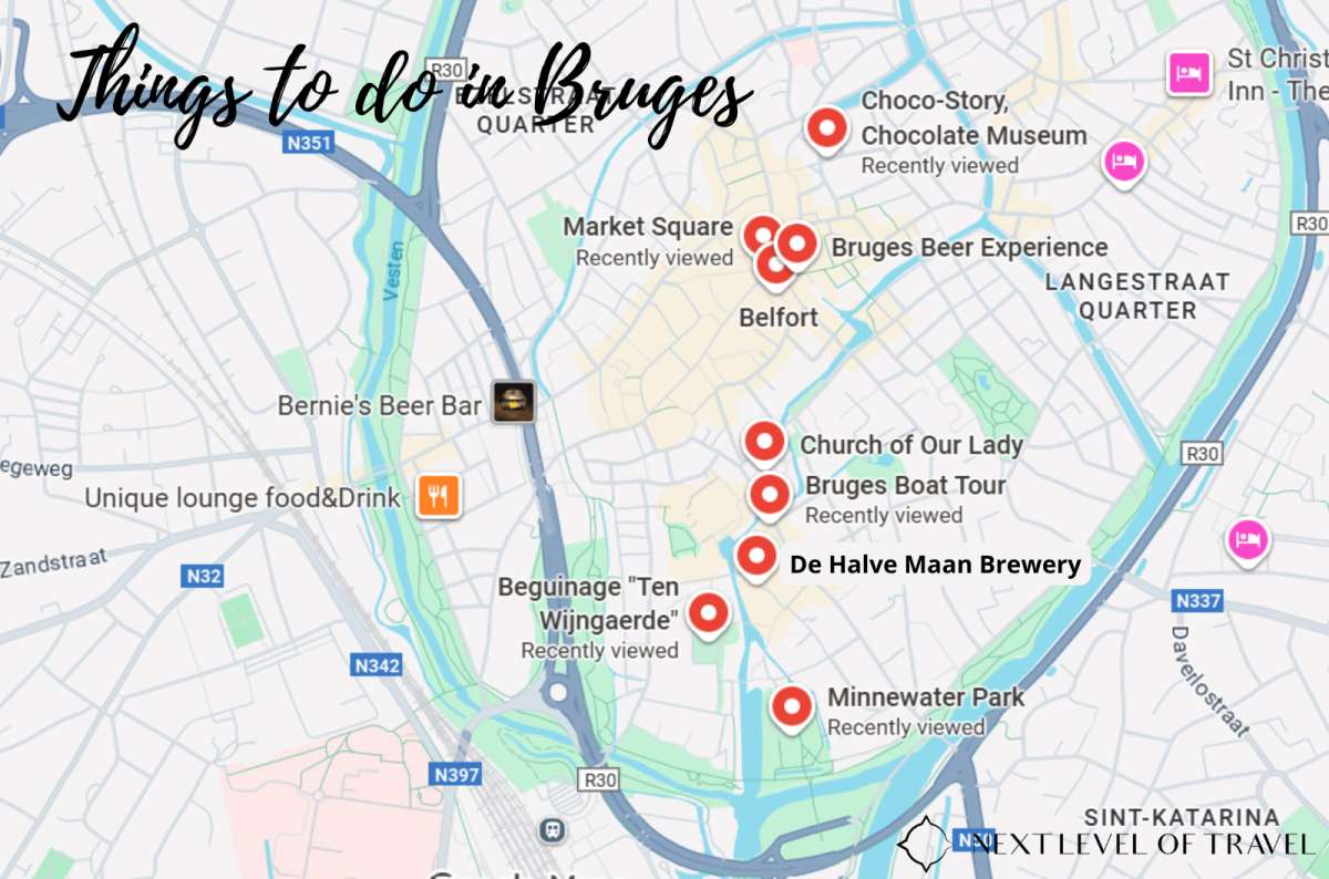 Map of top tourist attractions in Bruges, Belgium, including Market Square, Choco-Story Museum, De Halve Maan Brewery, and Minnewater Park, created by Next Level of Travel