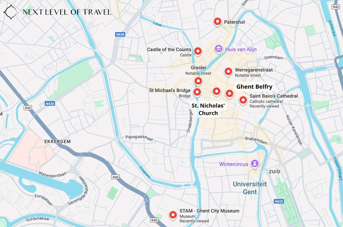 a map of Ghent highlighting the important stops mentioned in this article, Belgium, map by Next Level of Travel