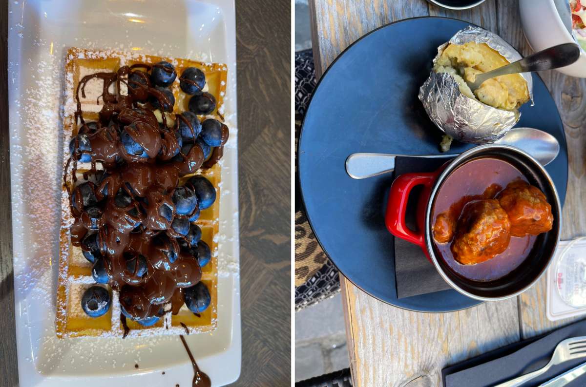 a photo of a Belgian waffle topped with blueberries, Nutella and powdered sugar next to a photo of a Flemish stew, Ghent, Belgium, photo by Next Level of Travel
