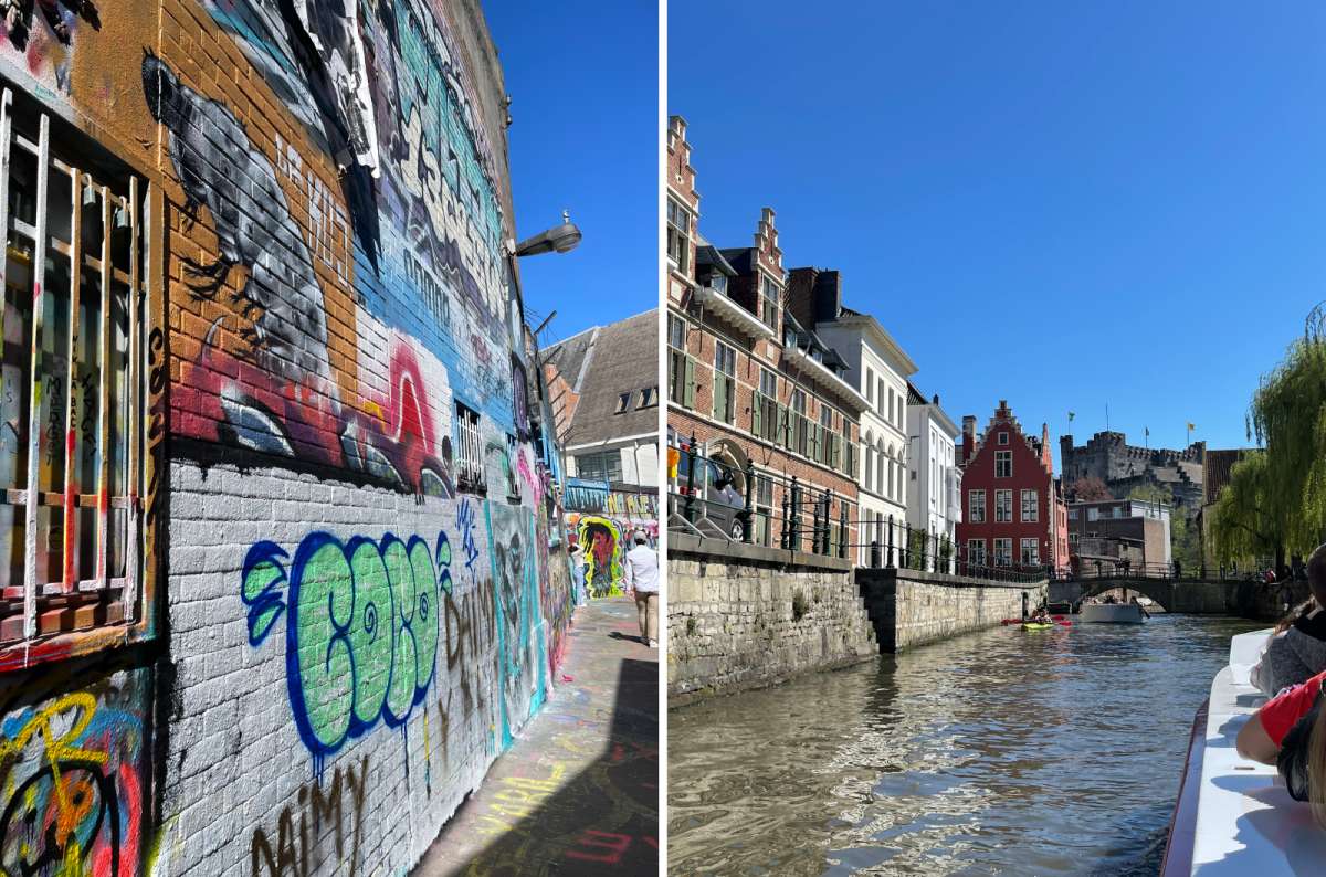 a photo of a wall covered in street art next to a photo from a canal boat tour displaying the beautiful architecture in Ghent, Belgium, taken on a sunny day, photo by Next Level of Travel