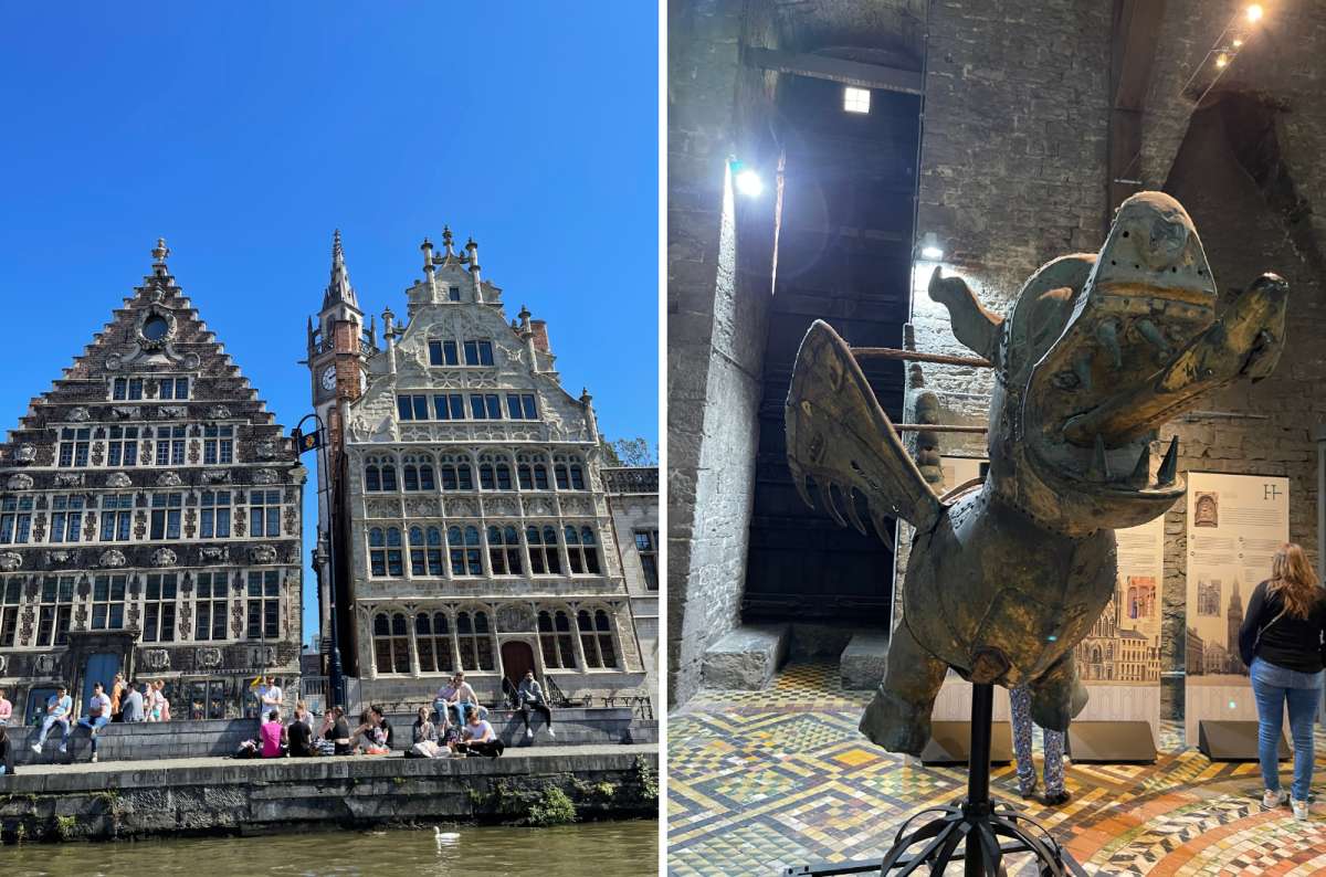 a photo of buildings lining Graslei next to a photo of the dragon statue inside the Ghent Belfry, Ghent, Belgium, photo by Next Level of Travel