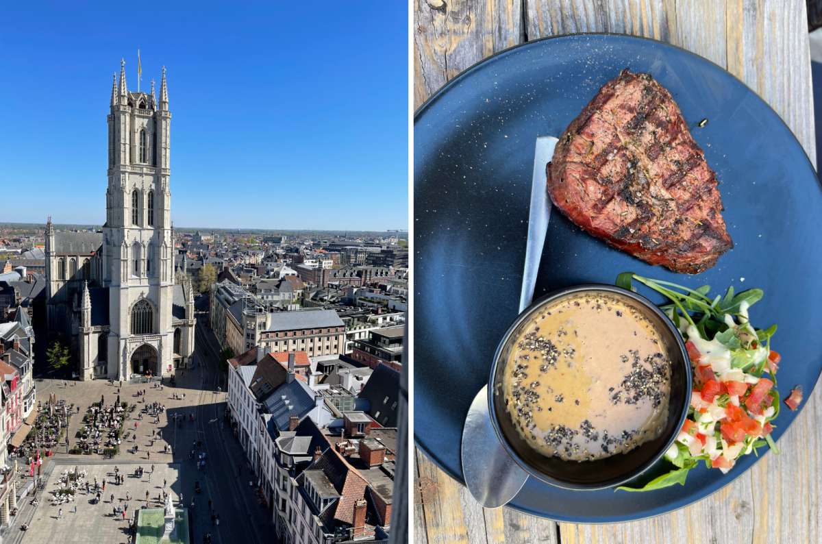 A photo of St. Bavo’s Cathedral from afar with the busy town square and a photo of a juicy steak with side salad and dressing, Ghent, Belgium, photo by Next Level of Travel