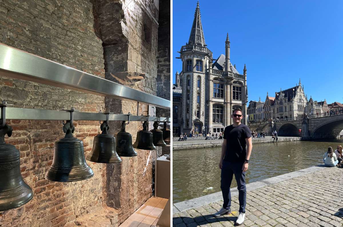 a photo of the bells inside the Ghent Belfry next to a photo of a tourist posing in front of St. Michale’s bridge, Ghent, Belgium, taken on a spring sunny day, photo by Next Level of Travel