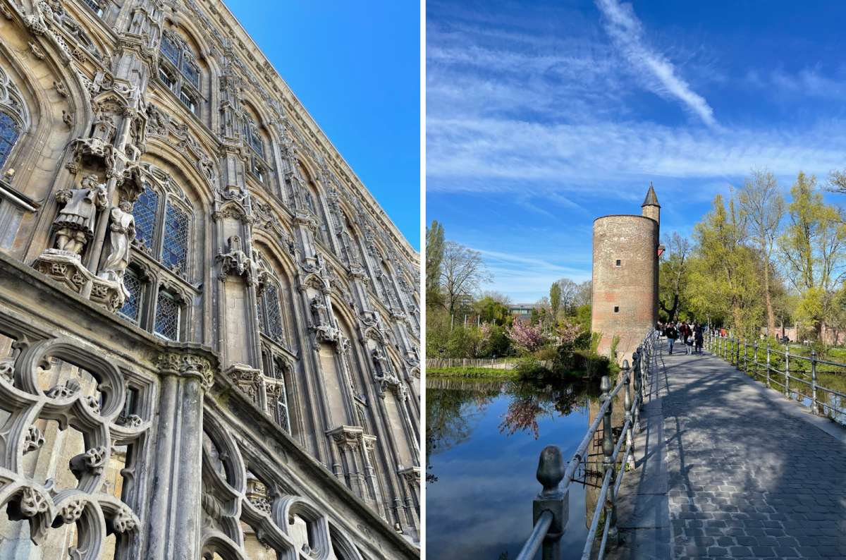 a photo of the detail of the architecture on the Ghent Town Hall next to a photo of the Lover’s Bridge in Ghent, Belgium, on a sunny day in spring, photo by Next Level of Travel