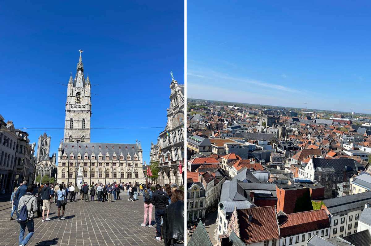 a photo of the Ghent Belfry next to a view of the city from up above, displaying a sea of charecteristic Belgian red roofs, Ghent, Belgium, photo by Next Level of Travel