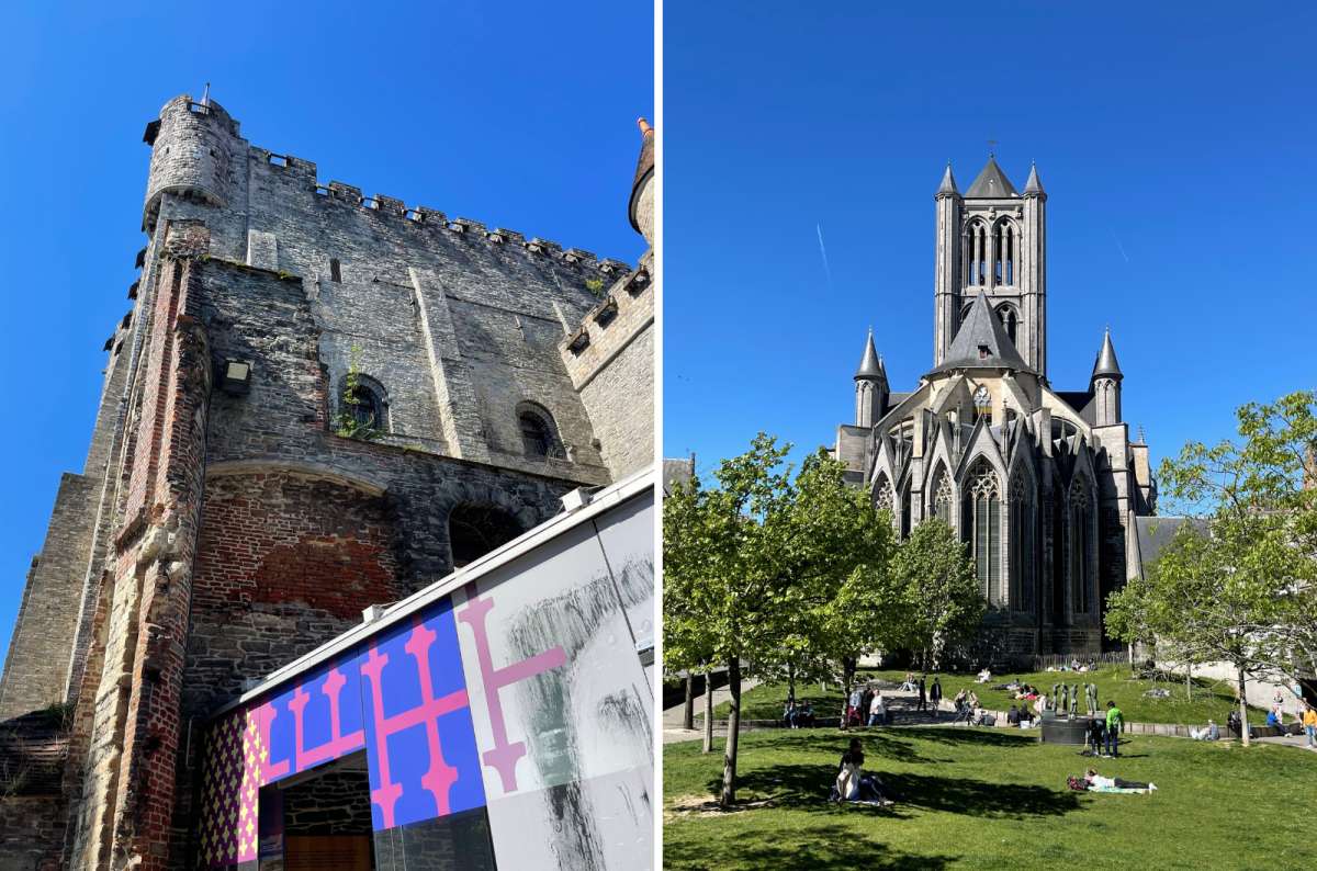A photo of the side of Gravensteen castle next to a photo of St. Nicholas’ Church, Ghent, Belgium, photo by Next Level of Travel