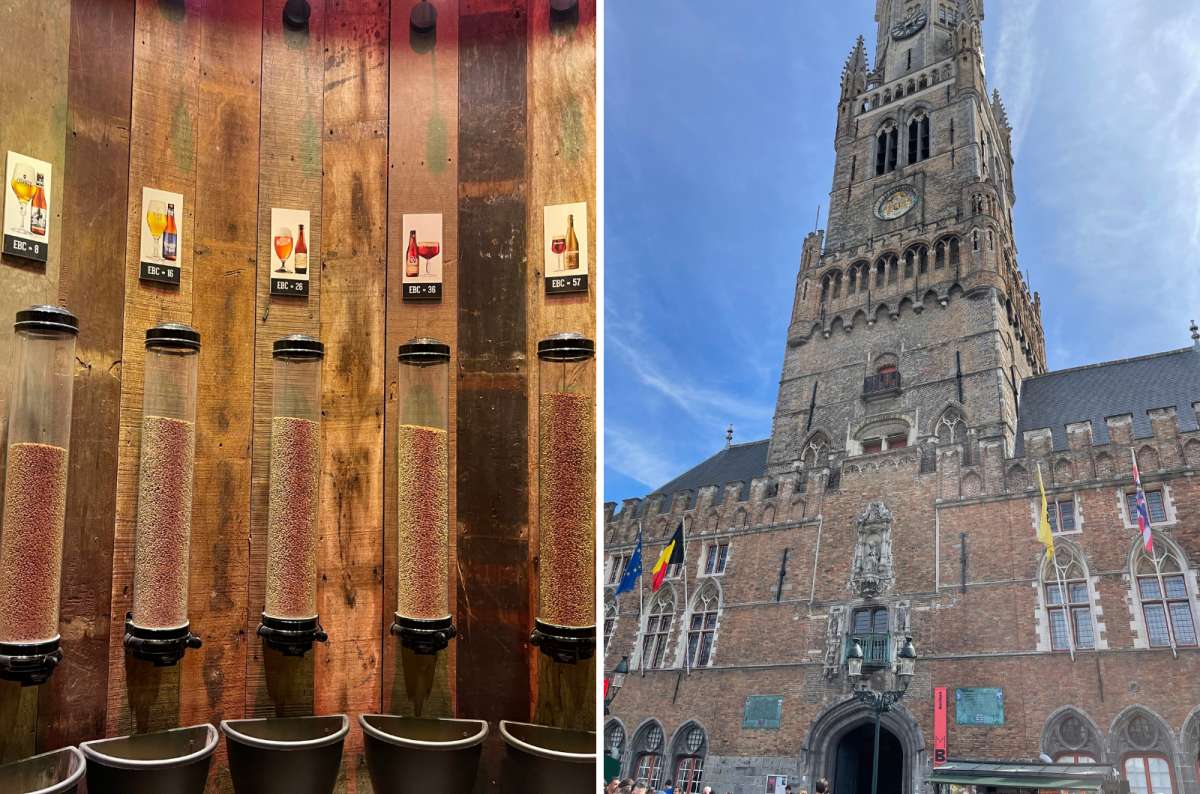 a collage of a photo from the Bruges Beer Experience displaying the various kinds of grains, and a photo of the Bruges Belfry, photo by Next Level of Travel
