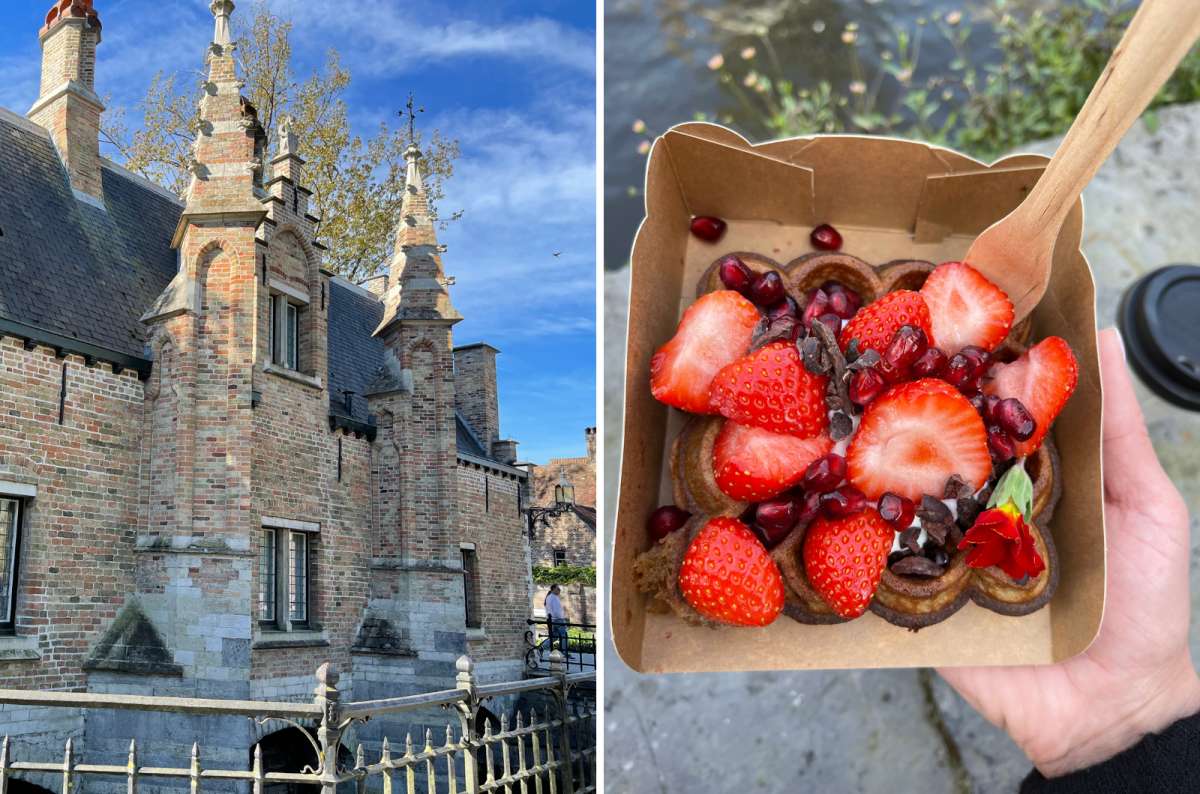 a collage of a traditional brick building in Bruges and a photo of Belgian waffles topped with fresh strawberries and pomegranate, Belgium, photo by Next Level of Travel
