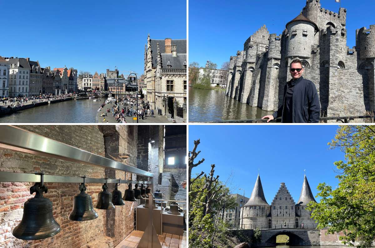 a collage of all the typical beautiful things in Ghent, e.g. Patershol, Gravensteen castle, the bells inside the Ghent Belfry, Ghent, Belgium, on a sunny spring day, photo by Next Level of Travel