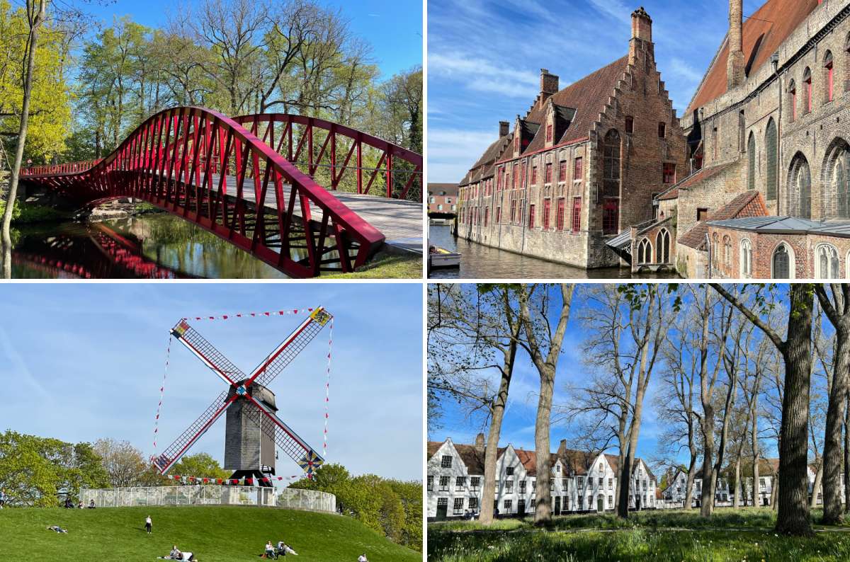 a collage of beautiful things found in Bruges, e.g. windmill, typical buildings, a beautiful bridge and its surrounding nature, Bruges, Belgium, photo by Next Level of Travel