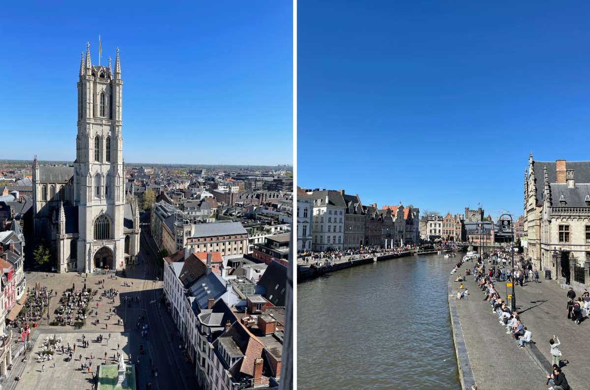 a collage of photos from Ghent, one displaying the square with the Ghent Belfry and the other showing the canal from up above, Belgium, photo by Next Level of Travel