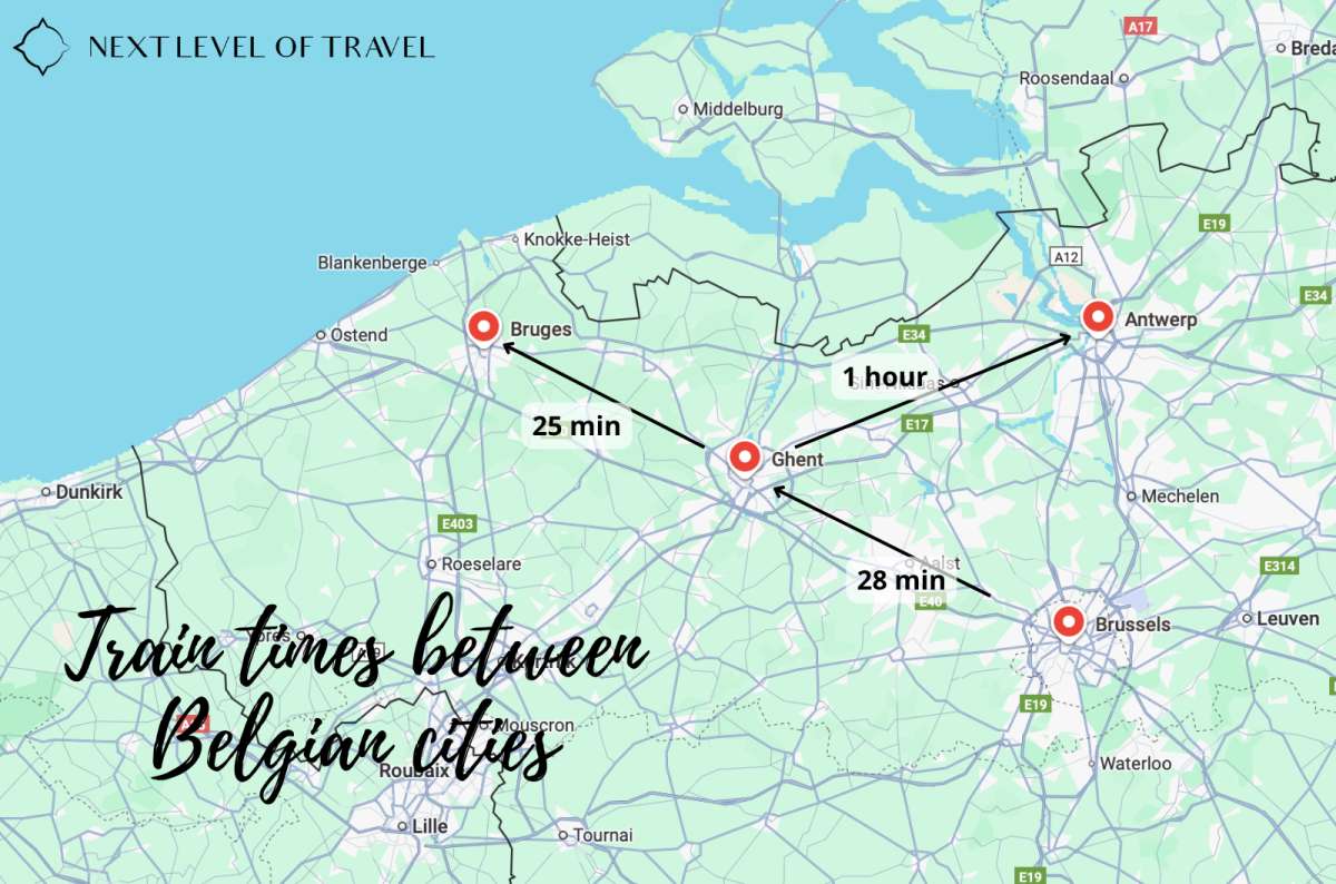 a map showing the location of the most important cities in Belgium, displaying the time it takes to get from one of the cities to another, map by Next Level of Travel