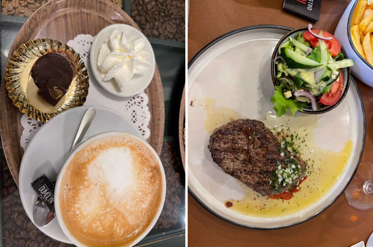 a photo of a cappuccino with a chocolate cake and whipped cream on the side next to a photo of steak with a light vegetable salad on the side, Bruges, Belgium, photo by Next Level of Travel