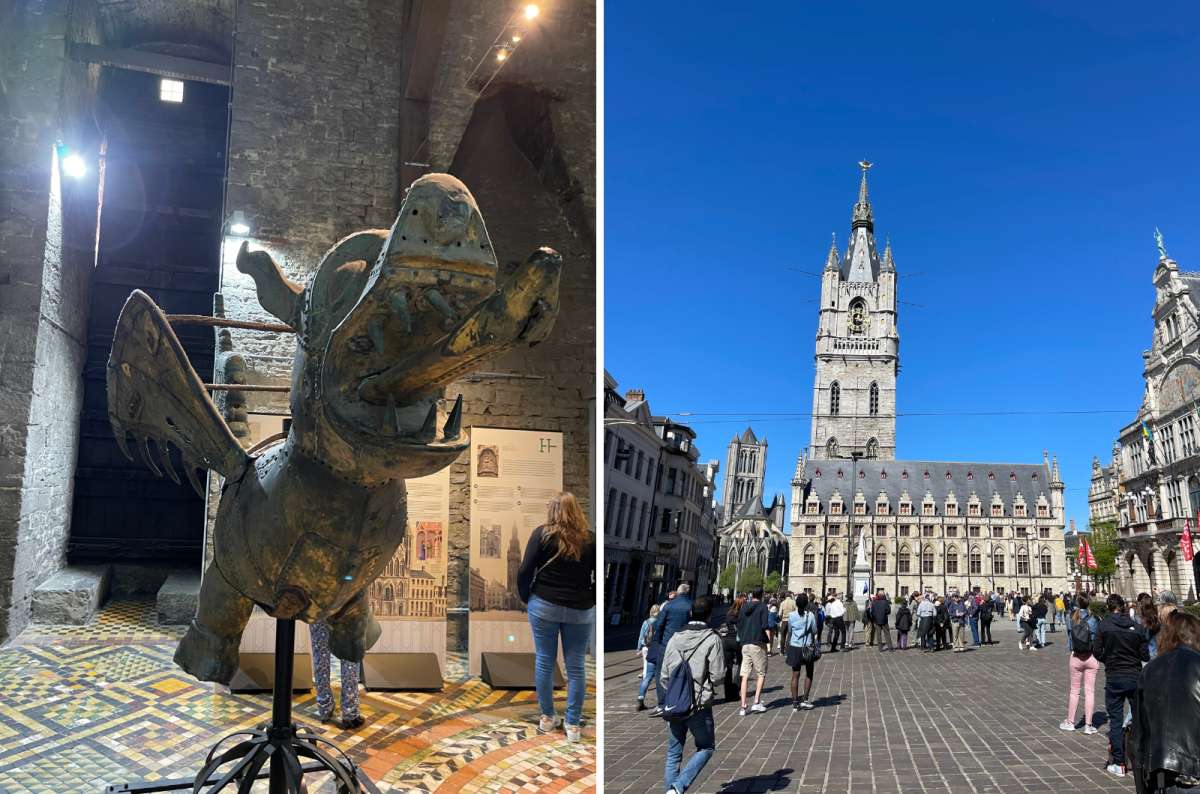 a photo of a statue from the inside of the Ghent Belfry next to a photo of the Ghent Belfry with St. Nichola’s Church visible in the background, Belgium, photo by Next Level of Travel