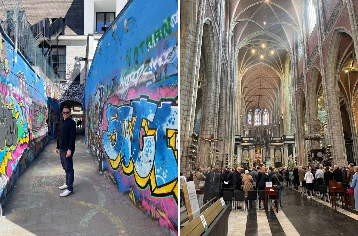 a photo of a tourist posing in the Graffiti street (Werregarenstraatje) in Ghent next to a photo from the inside of St. Nicholas Church, Ghent, Belgium, photo by Next Level of Travel