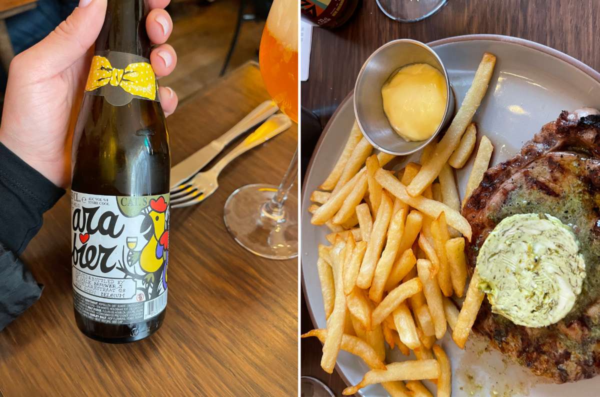 Belgian beer and traditional steak with fries and mayonnaise in Brussels, Belgium, photo by Next Level of Travel