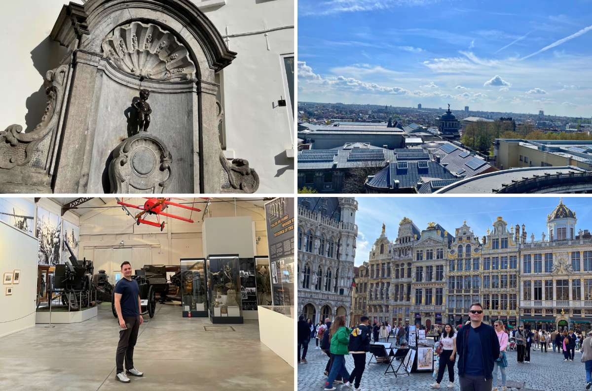 Collage of Brussels, Belgium highlights including Manneken Pis statue, rooftop city view, and Grand Place UNESCO square—showing why Brussels is worth visiting, photo by Next Level of Travel