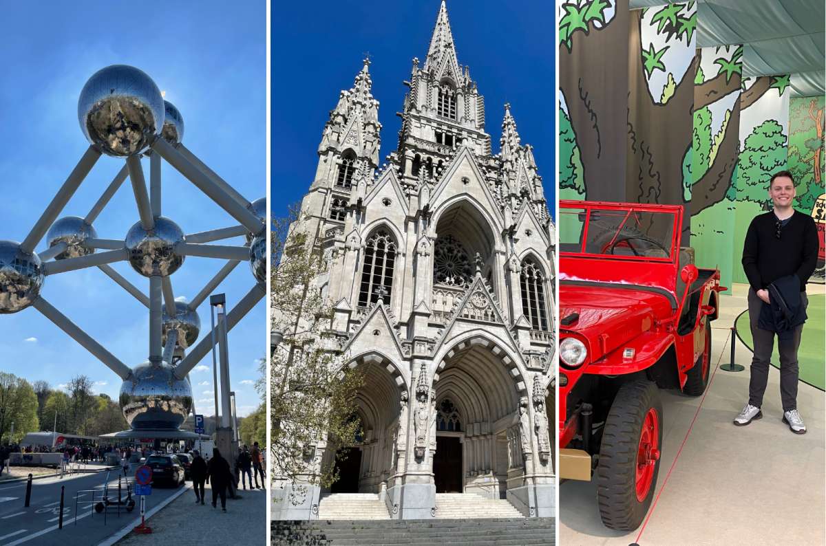 Collage of Brussels highlights including the Atomium, Church of Our Lady of Laeken, and Tintin exhibit at Auto World, Belgium, photo by Next Level of Travel