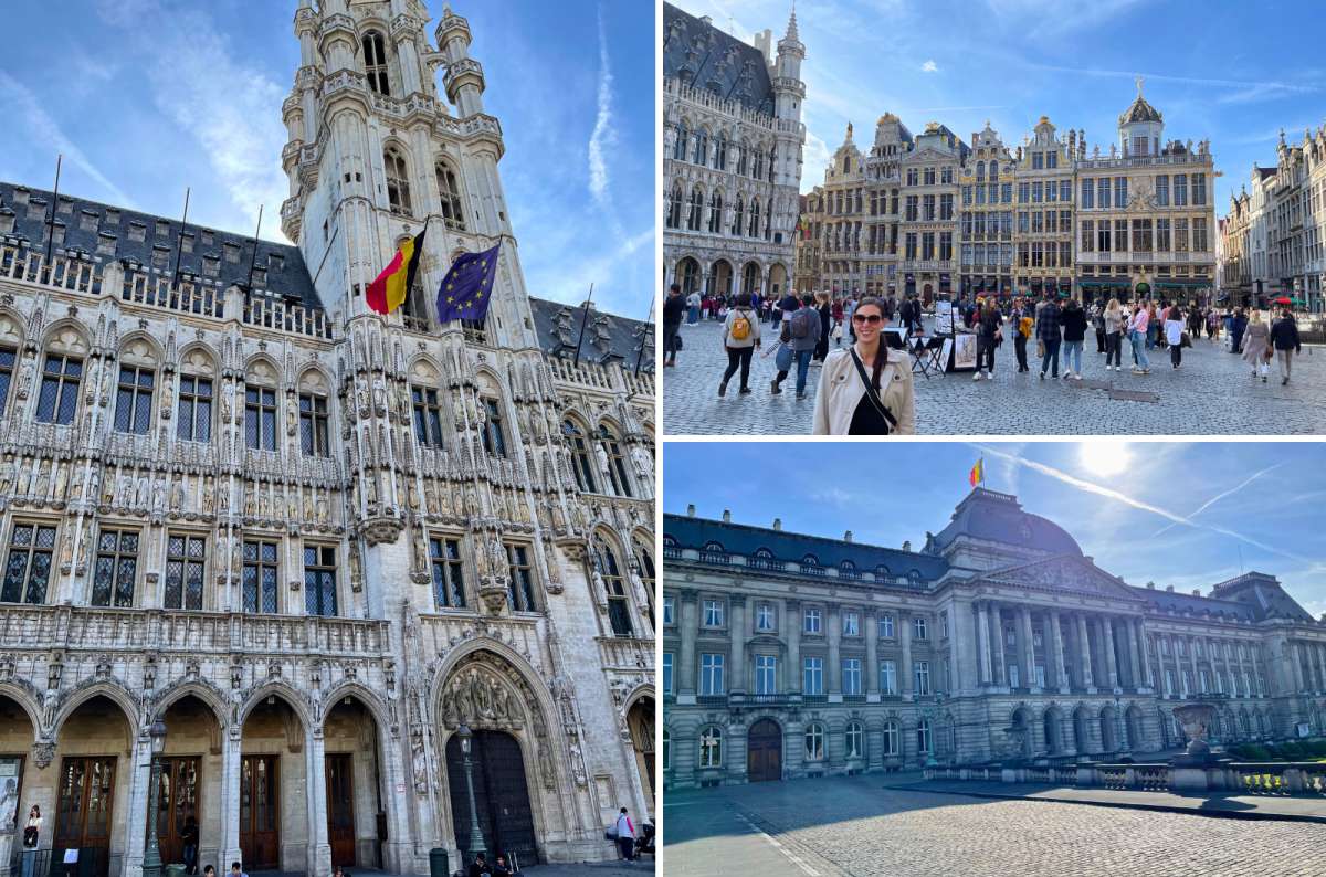 Collage of Brussels landmarks including the Gothic Town Hall at Grand Place, the UNESCO-listed Grand Place square, and the Royal Palace of Brussels, photo by Next Level of Travel