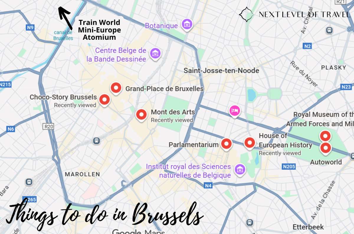 Map of Brussels, Belgium highlighting top attractions including Grand Place, Mont des Arts, Choco-Story Brussels, European Parliament, created by Next Level of Travel
