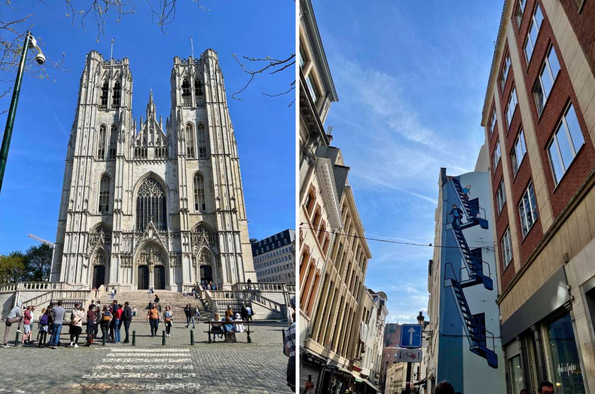 St. Michael and St. Gudula Cathedral and Blake and Mortimer comic mural in Brussels, Belgium, photo by Next Level of Travel