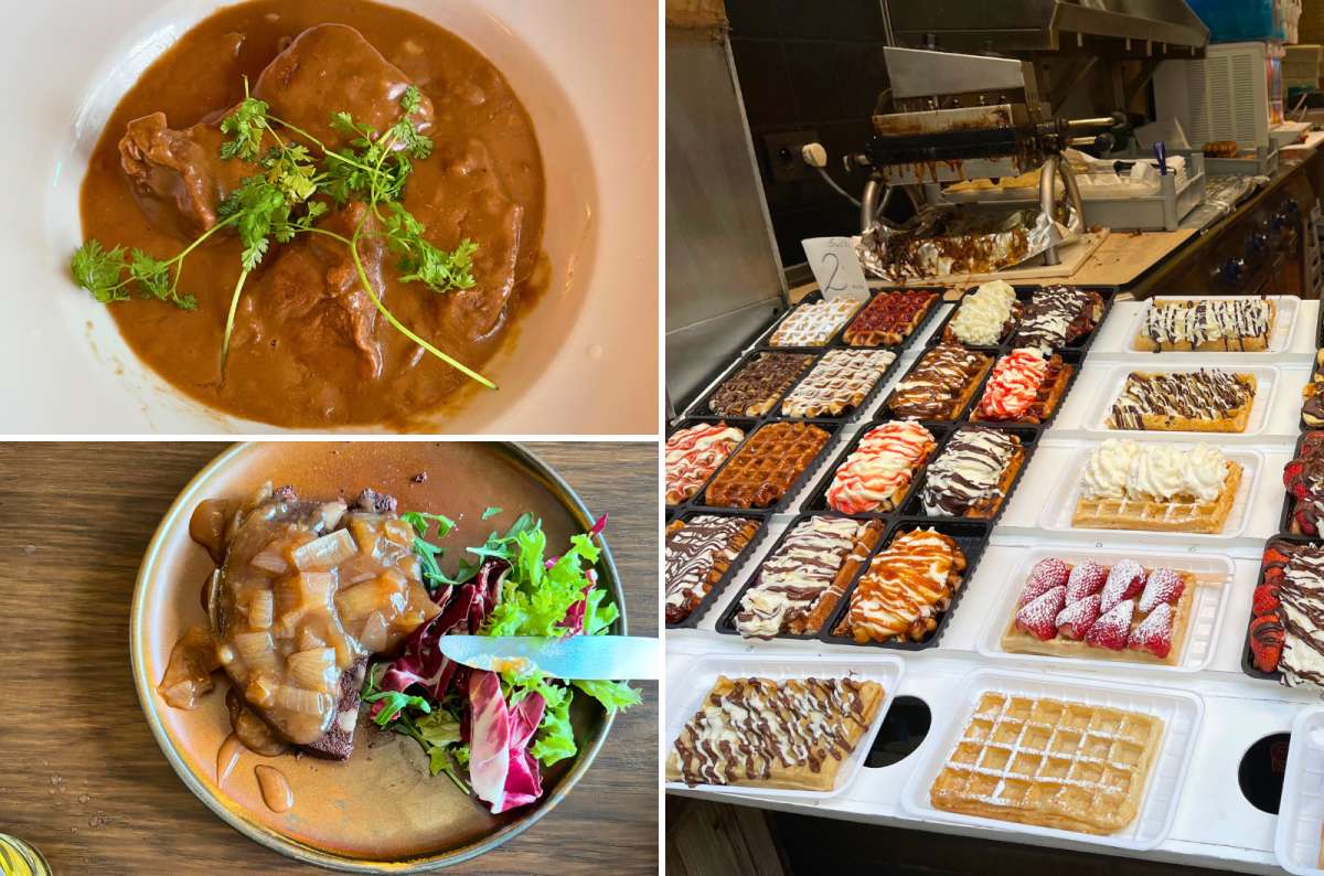 Traditional Belgian dishes including stoofvlees beef stew and a variety of Belgian waffles with toppings in Brussels, Belgium, photo by Next Level of Travel