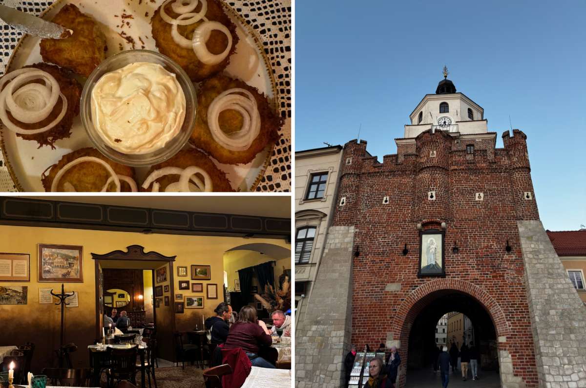 a collage of photos from the Cracow gate in Lubin along with photos from a restaurant in Lublin and the food served there, Poland, photo by Next Level of Travel