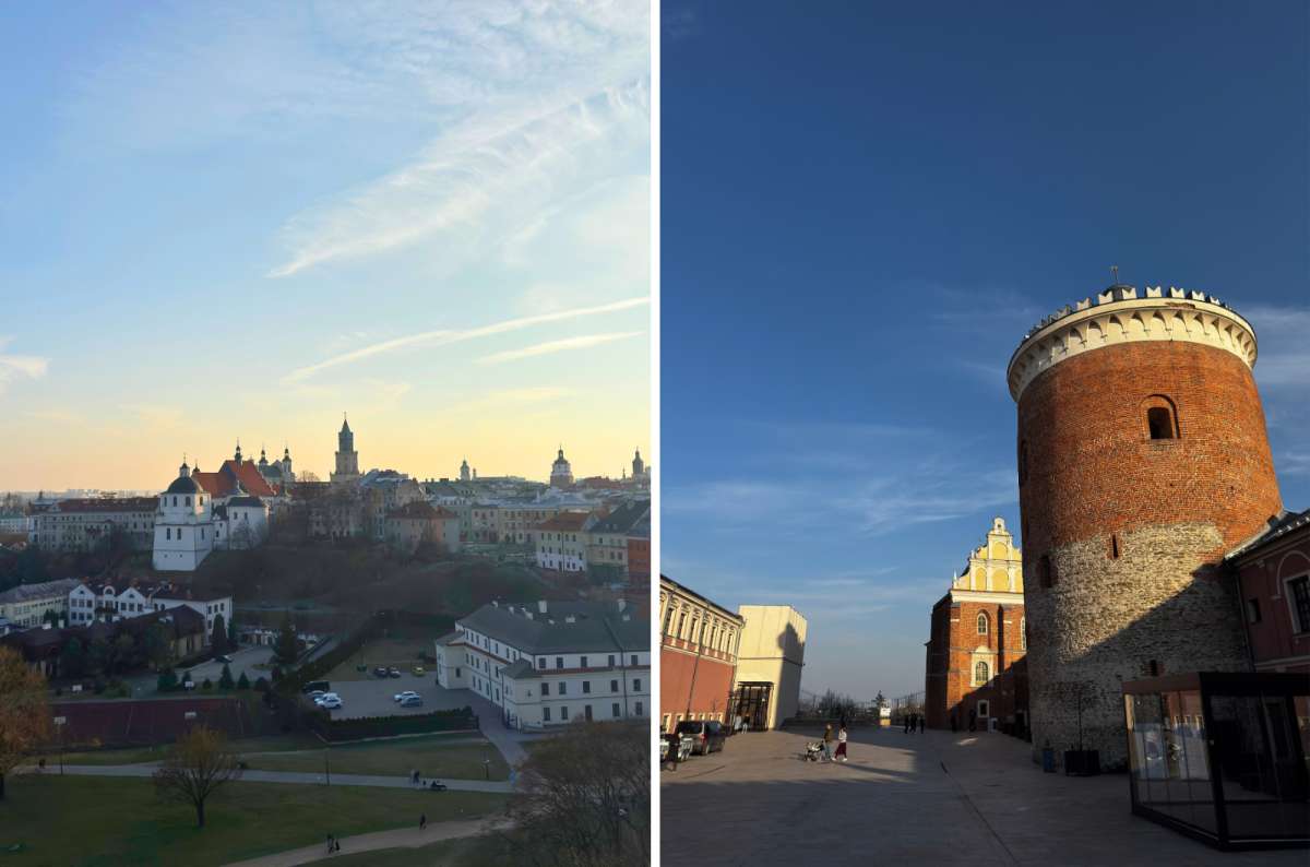 a collage of photos from the Lublin castle tower, including the tower and the view of the city from the top of the tower, Poland, photo by Next Level of Travel