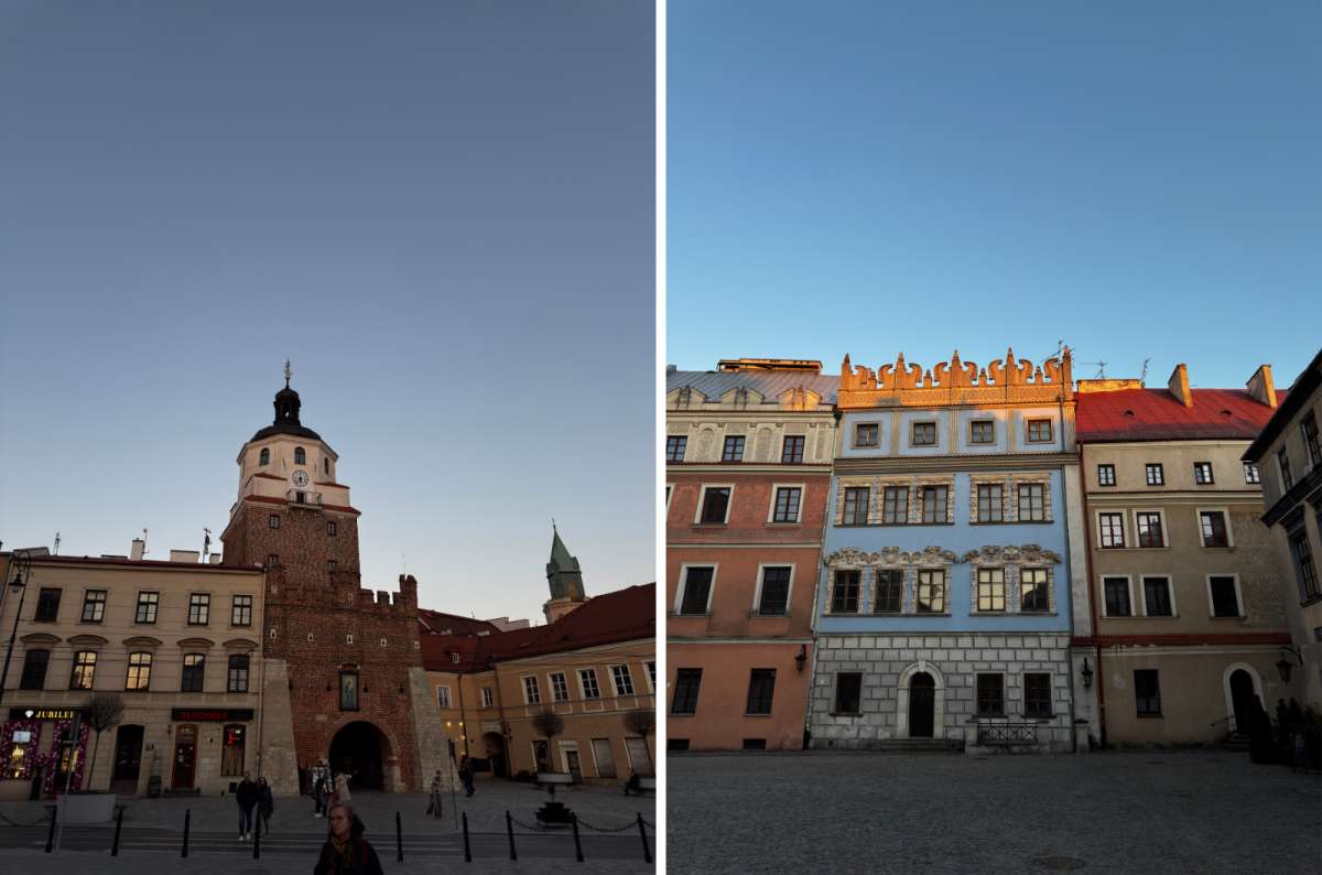 a collage of photos from the Lublin Market square displaying the typical architecture in the Lublin Old Town, Poland, photo by Next Level of Travel
