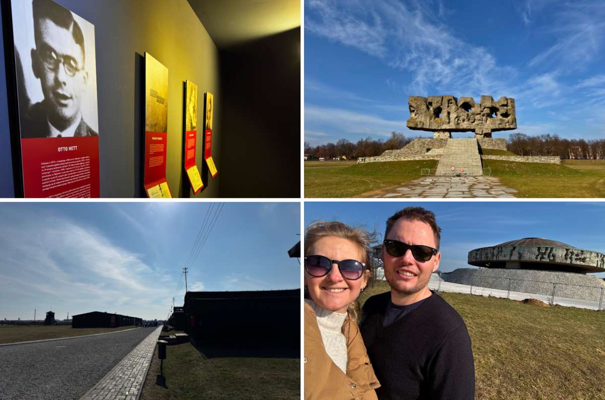 a collage of photos from the Majdanek concentration camp showing the inside of the museum, the memorials and the general area of the camp, Lublin, Poland, photo by Next Level of Travel
