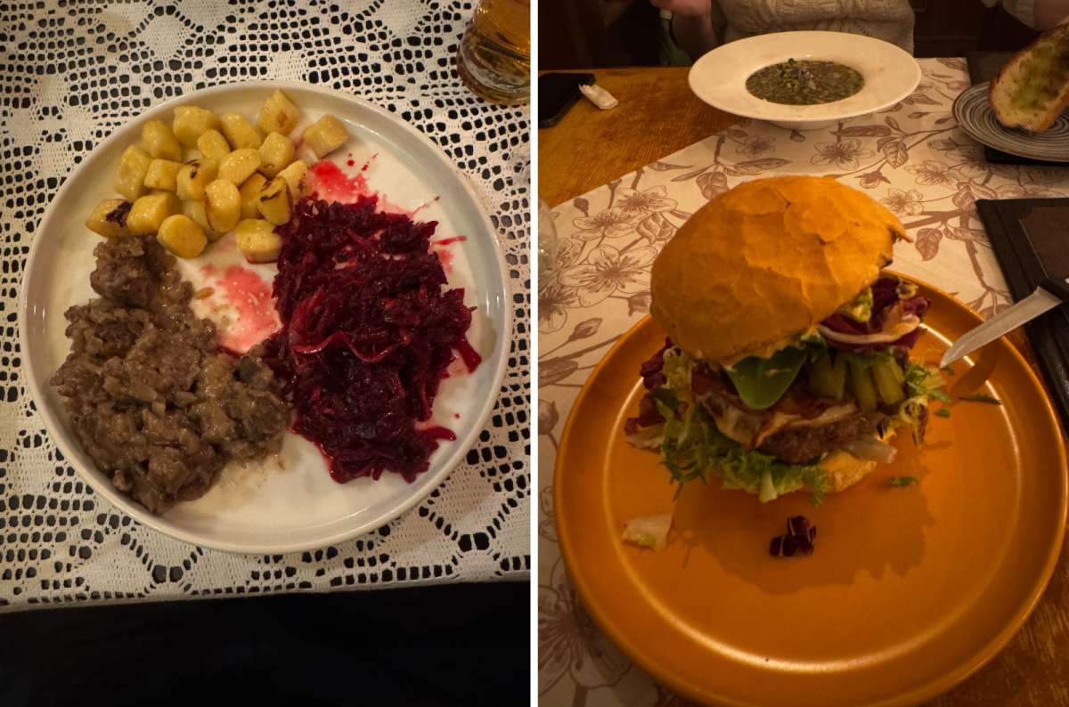 a collage of photos of food from Lublin, a burger and a traditional meal with meat, potatoes and beets, Poland, photo by Next Level of Travel