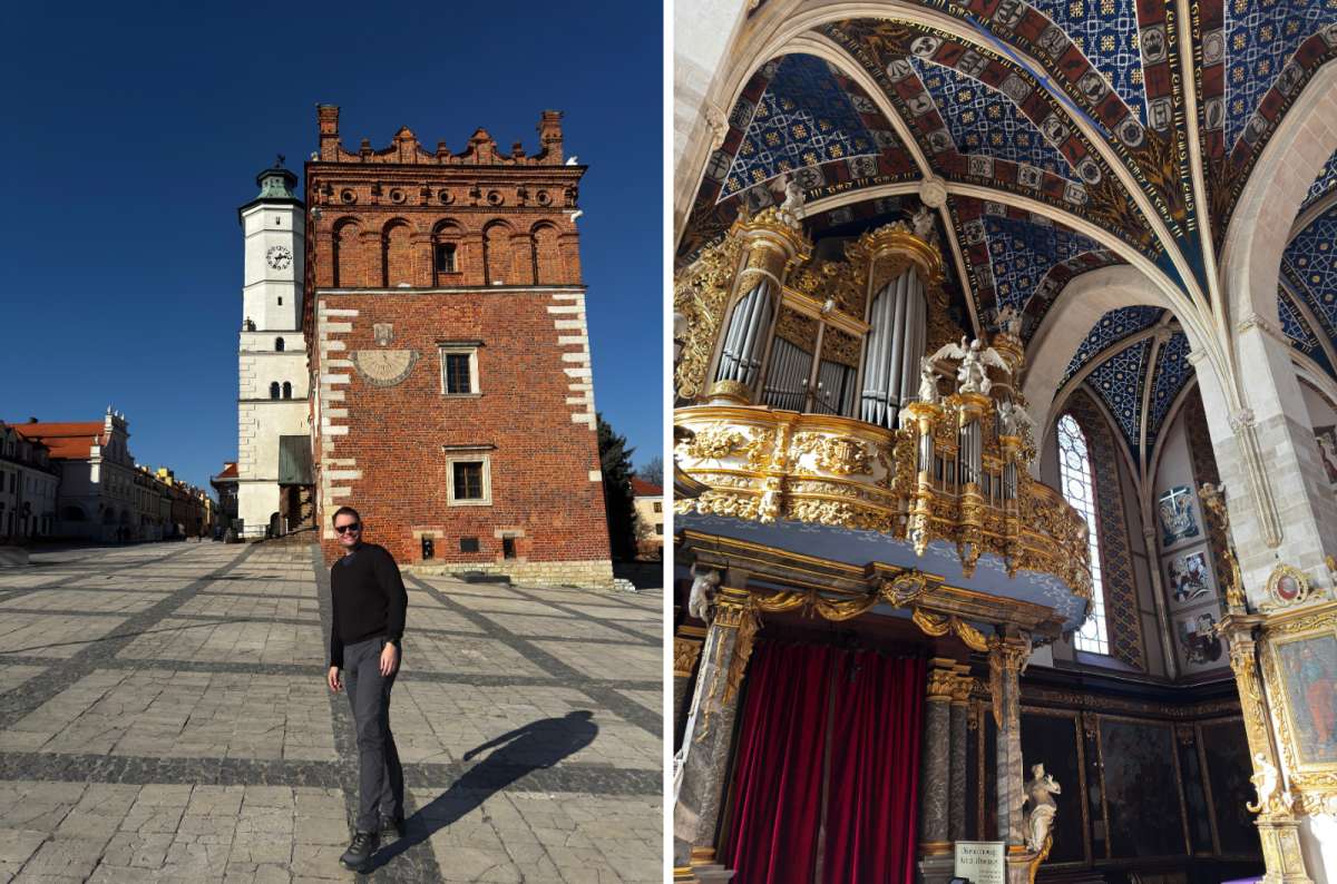 a collage of photos of Sandomierz–one with a tourist posing in the square of Sandomierz and the other of the inside of the Basilica of St. Mary, Sandomierz, Poland, photo by Next Level of Travel