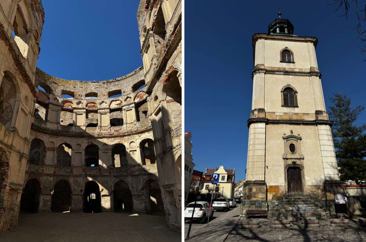 a collage of photos showing Krzyztopor castle on the right and the city architecture of Sandomierz, Poland, photo by Next Level of Travel