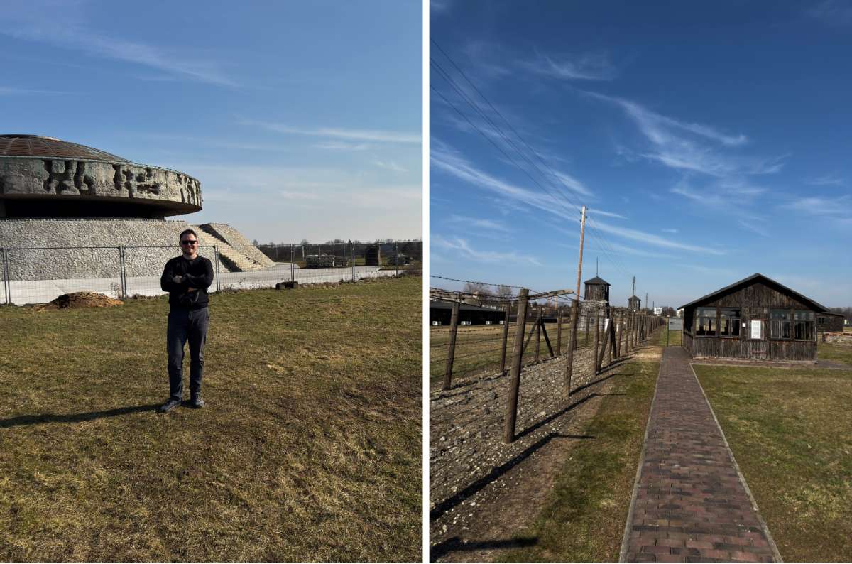 a collage of two photos from Majdanek concentration camp showing the general area with the houses, streets and barbed wires, Lublin, Poland, photo by Next Level of Travel