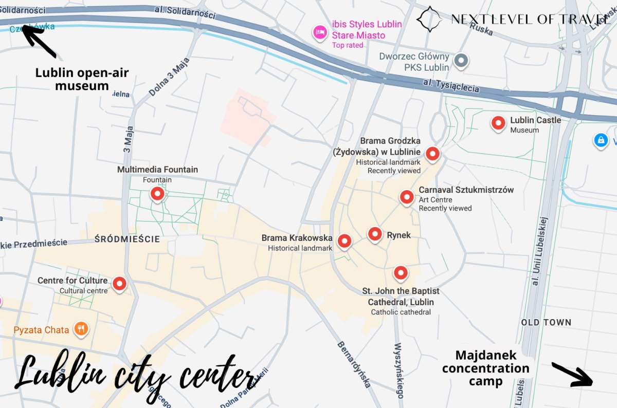 a map of the Lublin city center pointing out all the important stops in the article, Poland, photo by Next Level of Travel