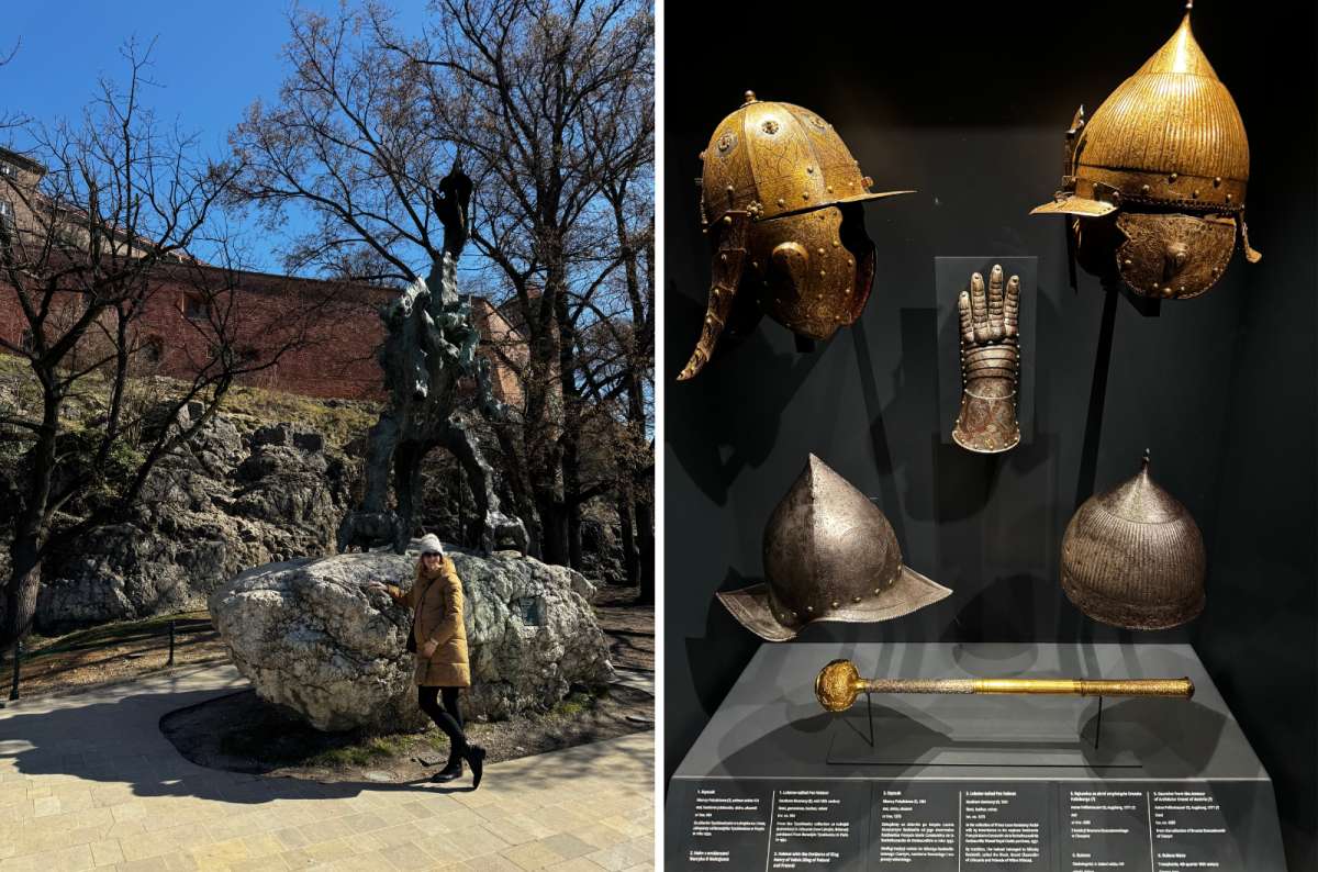 a collage from the Wawel Castle; the outside of the castle with a tourist posing in front of a statue; the other of medieval helmets in the castle, Krakow, Poland, photo by Next Level of Travel