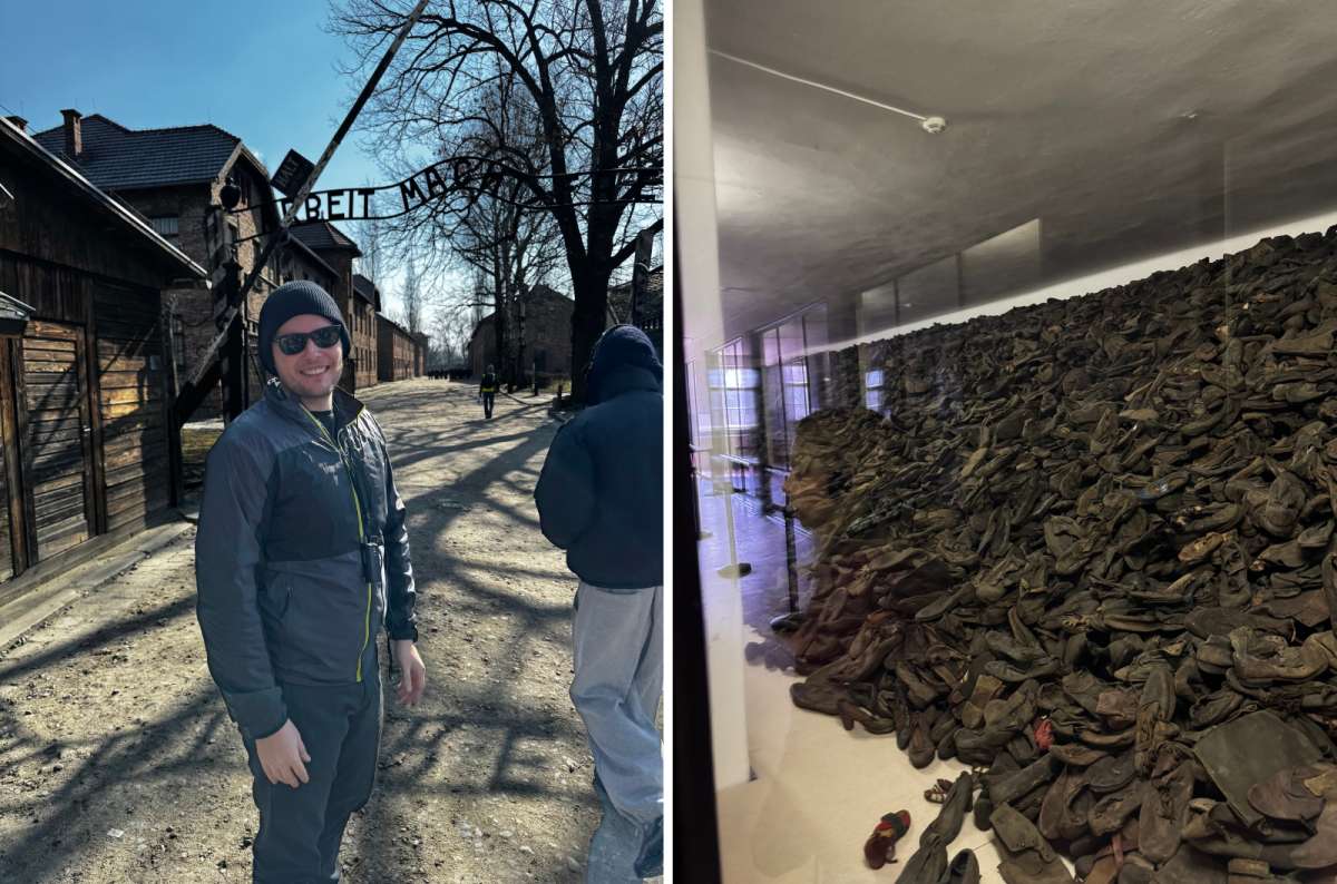 a collage of photos from Auschwitz, one with a tourist posing in front of the infamous gate and the other showing the collection of personal belongings of victims, Poland, photo by Next Level of Travel