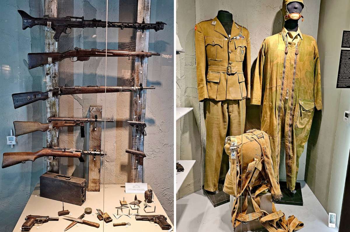 a collage of photos from the exhibition at the Polis Army Museum showing weapons and uniforms used in history, Krakow, Poland