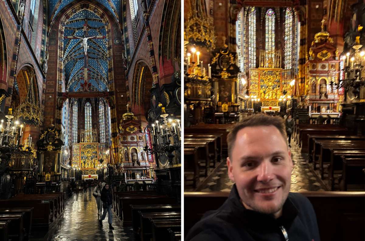 a collage of photos from the inside of St. Mary’s Basilica showing the stunning interior, Krakow, Poland, photo by Next Level of Travel