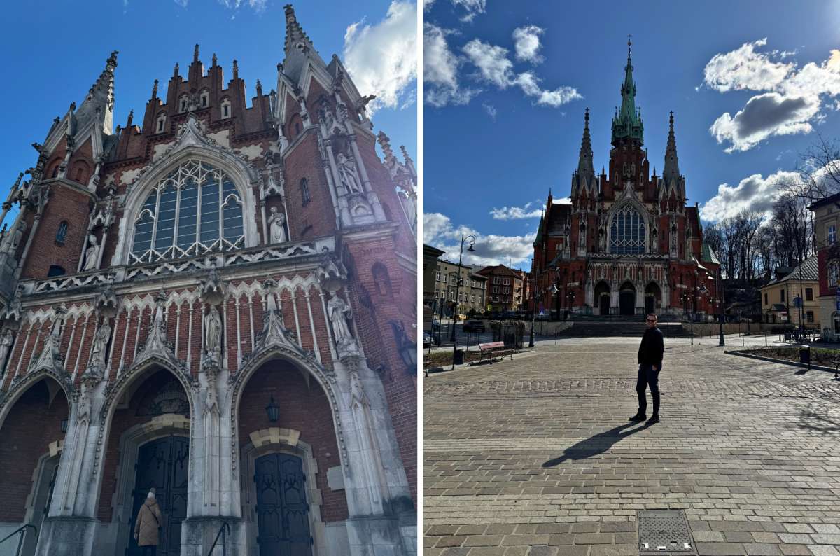 a collage of photos from the Kazimierz quarter with details of St. Joseph’s church and a tourist posing in front of it, Krakow, Poland, photo by Next Level of Travel