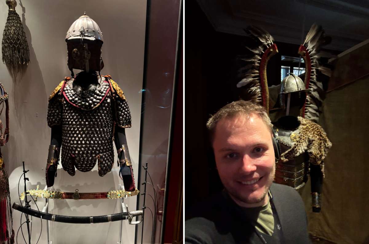 a collage of photos from the Museum of Princes Czartoryski showing intricate armor pieces and a tourist posing in front of them, Krakow, Poland, photo by Next Level of Travel