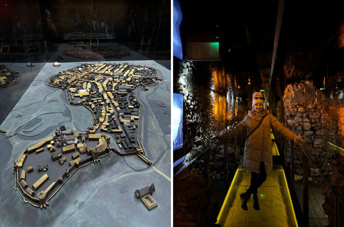 a collage of photos from the Underground Museum, one with a tourist posing on one of the attractions and the other of a 3D map of the old city, Krakow, Poland, photo by Next Level of Travel