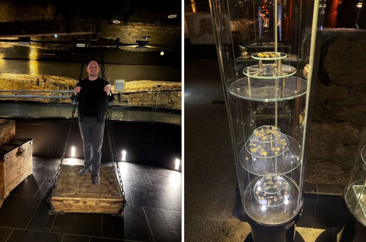 a collage of photos from the Underground Museum, one with a tourist posing on one of the attractions and the other of a collection of artifacts, Krakow, Poland, photo by Next Level of Travel