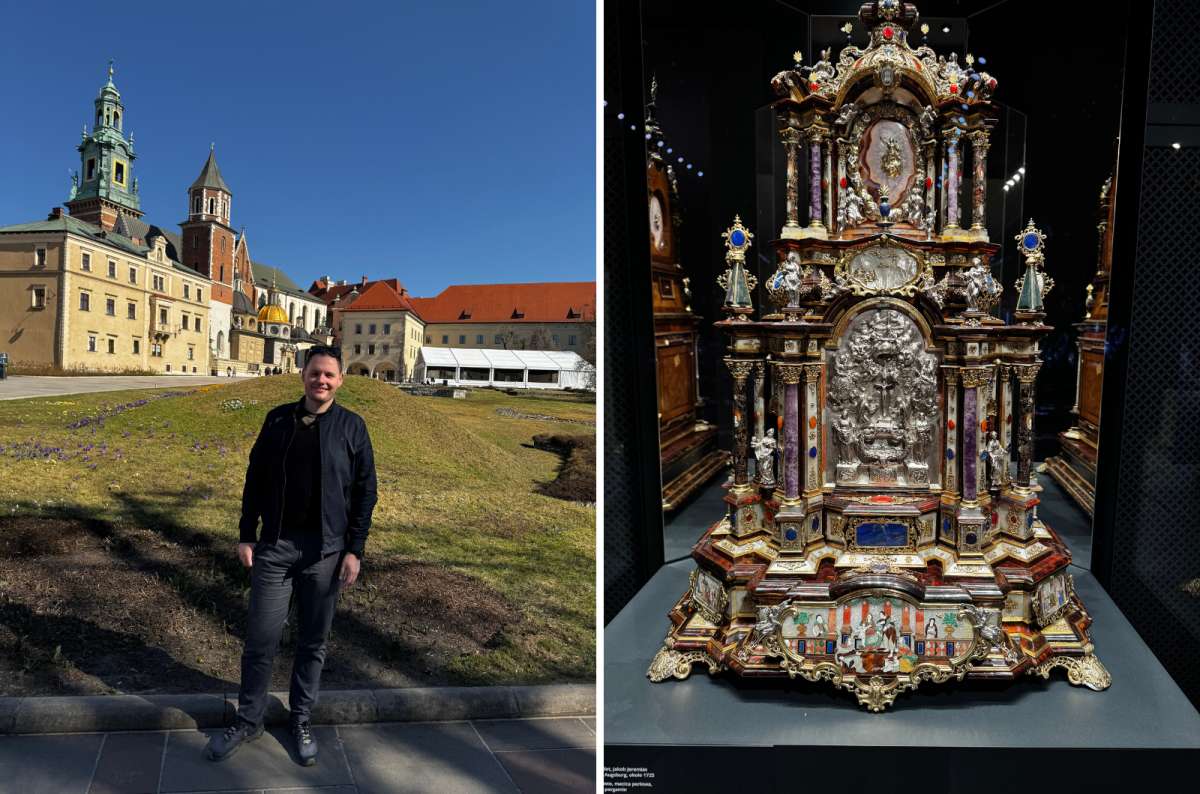 a collage of photos from the Wawel Castle, one with a tourist posing in front of it and the other showing one of the pieces exhibitet inside of the castle, Krakow, Poland, photo by Next Level of Travel