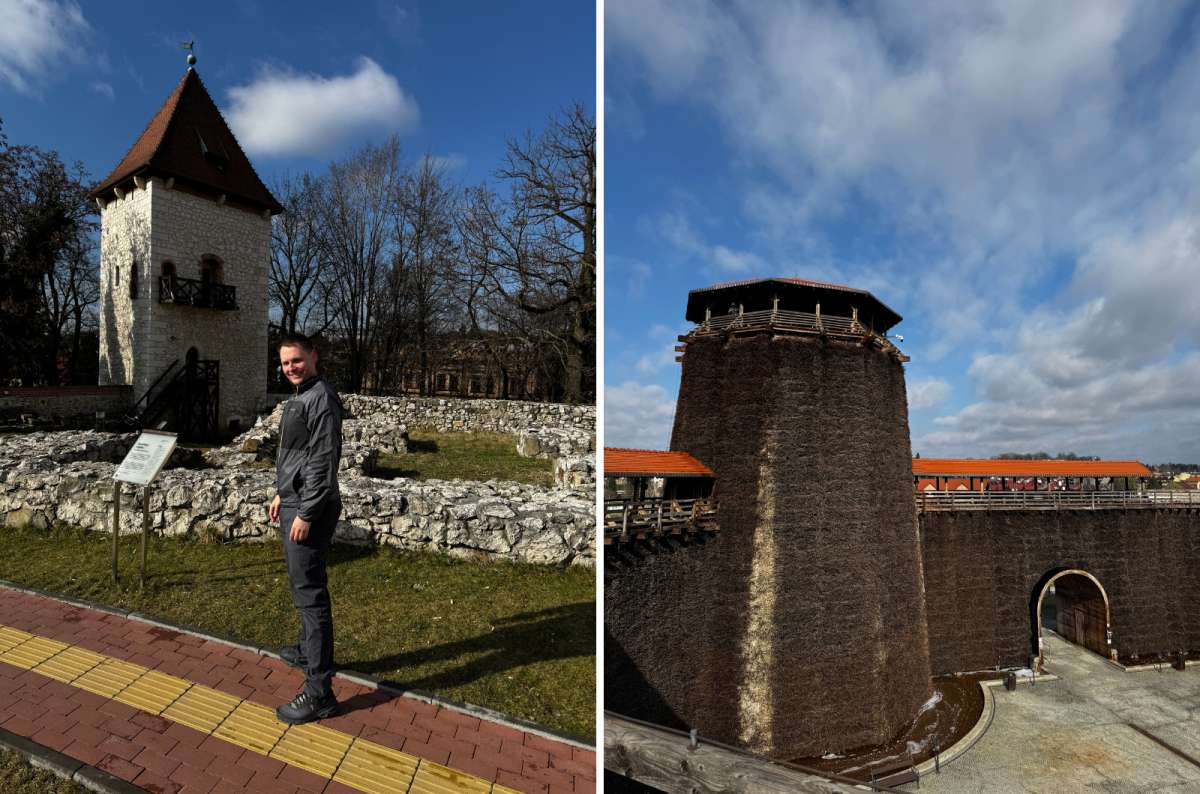 a collage of photos from the Wieliczka Salt Mine area, showing the graduation tower and a tourist posing at the Wieliczka Castle, Poland, photo by Next Level of Travel
