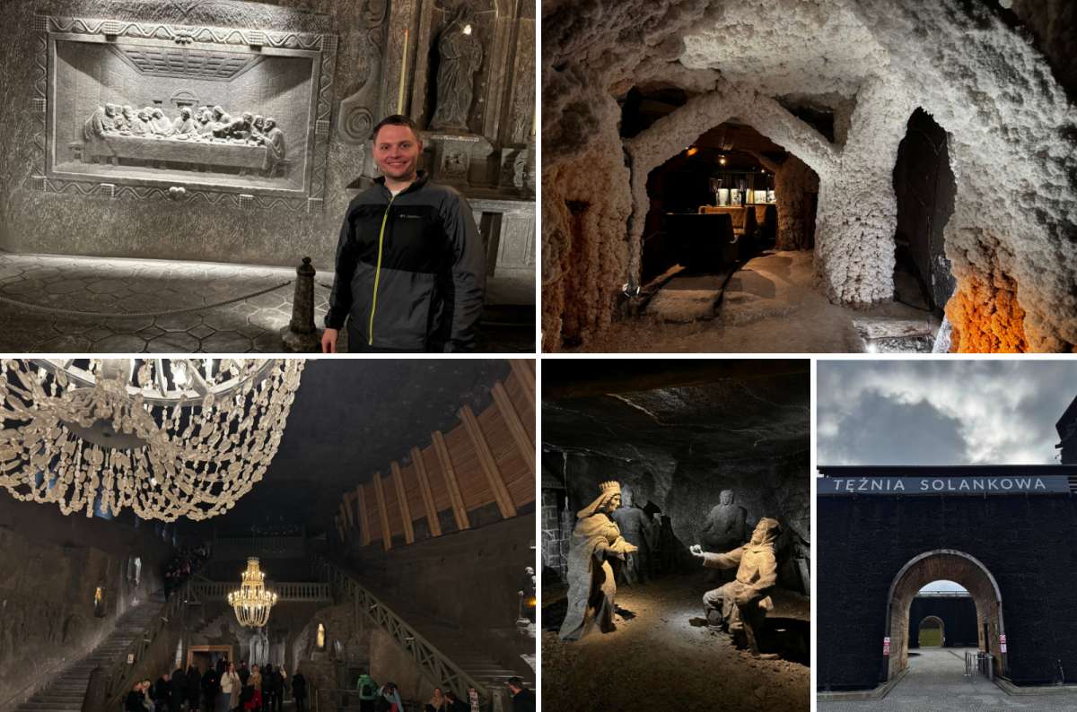 a collage of photos from the Wieliczka Salt Mine showing all the things exhibited, Poland, photo by Next Level of Travel