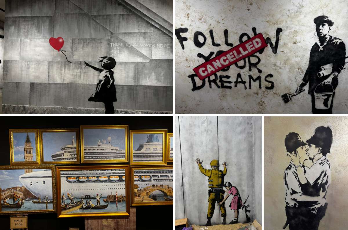 a collage of photos of the replicas of Banksy’s art at the Banky Museum, Krakow, Poland, photo by Next Level of Travel